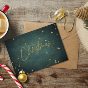 christmas themed holiday greeting card with a kraft envelope top view mockup template 653a34e9d72ead38b286dea3@2x