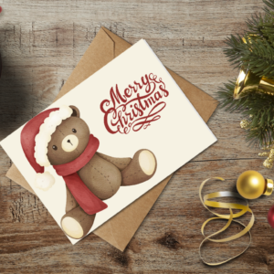 christmas themed holiday greeting card with a kraft envelope top view mockup template 65536fbbb738fabf2c1e91d5@2x