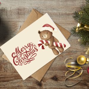 christmas themed holiday greeting card with a kraft envelope top view mockup template 65536fffb738fabf2c1e9229@2x