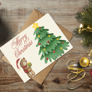 christmas themed holiday greeting card with a kraft envelope top view mockup template 655370ceb738fabf2c1e92fa@2x