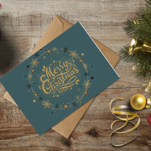 christmas themed holiday greeting card with a kraft envelope top view mockup template 655374edb738fabf2c1e956f@2x