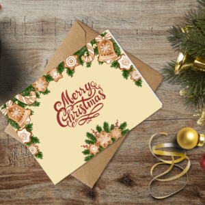 christmas themed holiday greeting card with a kraft envelope top view mockup template 65537607b738fabf2c1e966c@2x