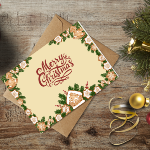 christmas themed holiday greeting card with a kraft envelope top view mockup template 655376afb738fabf2c1e9714@2x 1