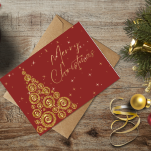 christmas themed holiday greeting card with a kraft envelope top view mockup template 65537b27b738fabf2c1e9a5f@2x