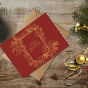 christmas themed holiday greeting card with a kraft envelope top view mockup template 65537c87b738fabf2c1e9c59@2x