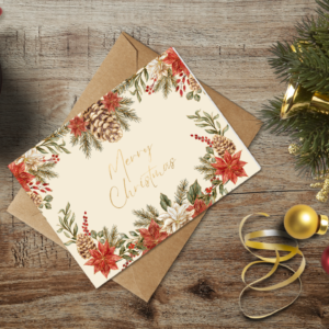 christmas themed holiday greeting card with a kraft envelope top view mockup template 655b359fa2064af79c46c17d@2x