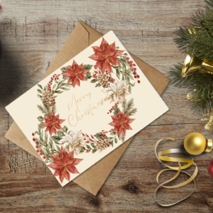 christmas themed holiday greeting card with a kraft envelope top view mockup template 655b35eba2064af79c46c225@2x