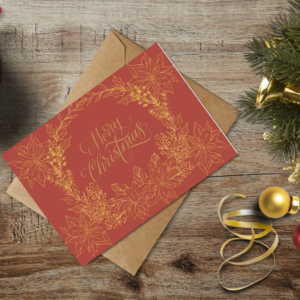 christmas themed holiday greeting card with a kraft envelope top view mockup template 655b365ba2064af79c46c2cc@2x