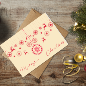 christmas themed holiday greeting card with a kraft envelope top view mockup template 655b3b22a2064af79c46c834@2x