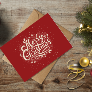 christmas themed holiday greeting card with a kraft envelope top view mockup template 655b3f4ea2064af79c46ce1f@2x