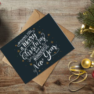 christmas themed holiday greeting card with a kraft envelope top view mockup template 655b40f2a2064af79c46d0bc@2x